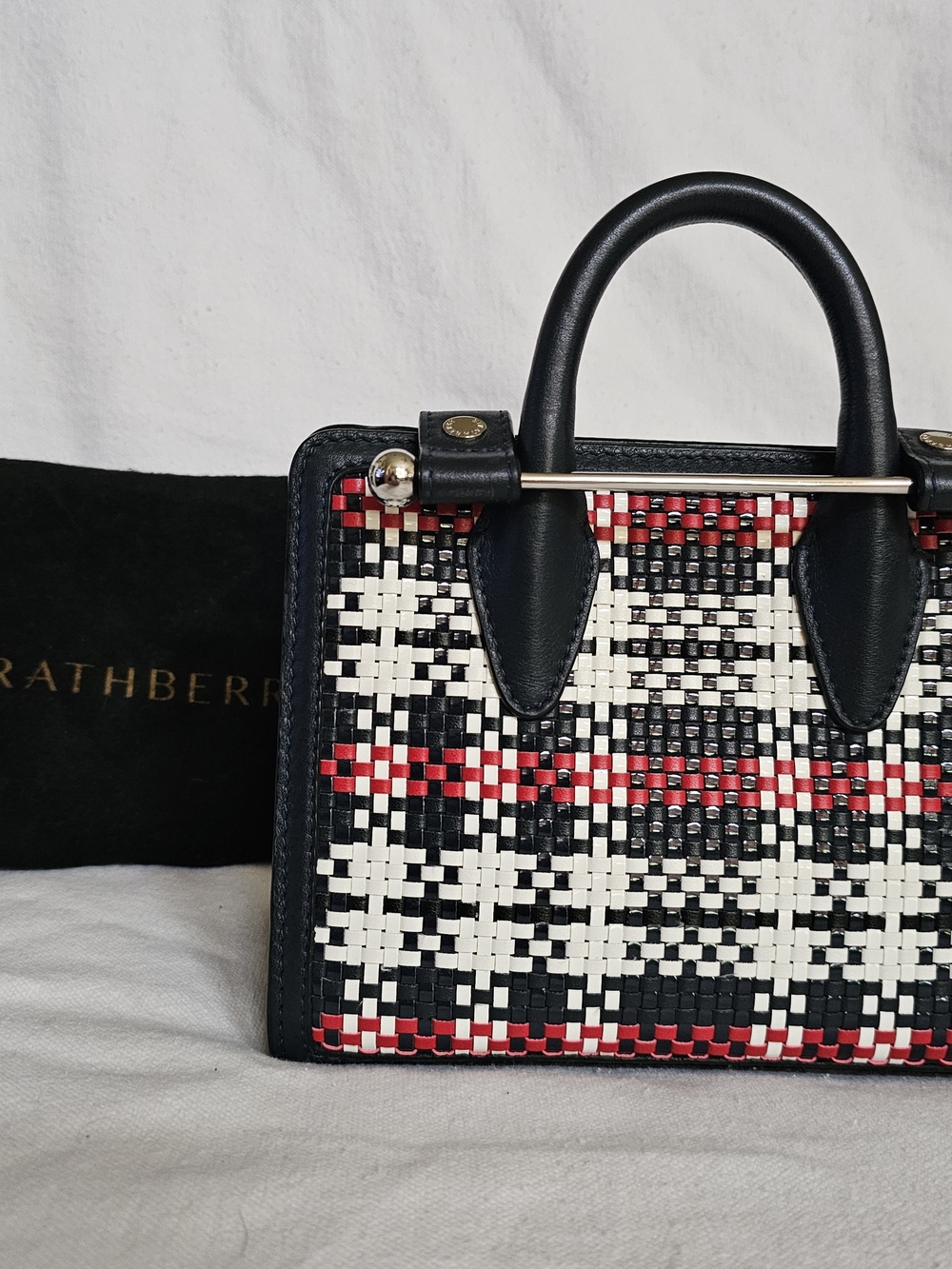Strathberry Black, White & Red Woven Top-Handle Nano Tote Satchel